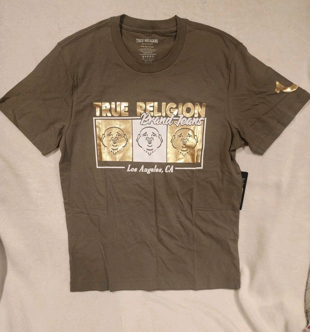 True Religion Green Triple Buddha T-Shirt Gold Foil Metallic Tee Medium